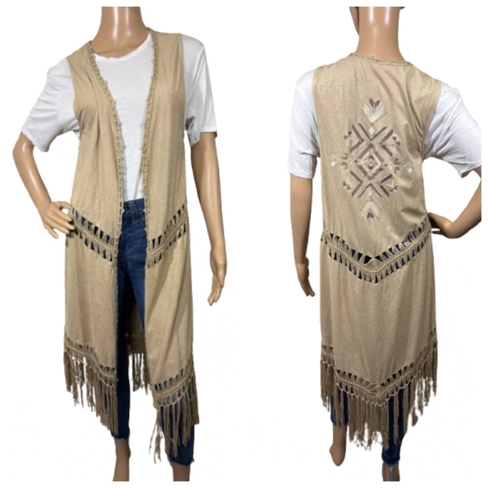 Miss Me Tan Crochet Fringe Faux Suede Duster Size M